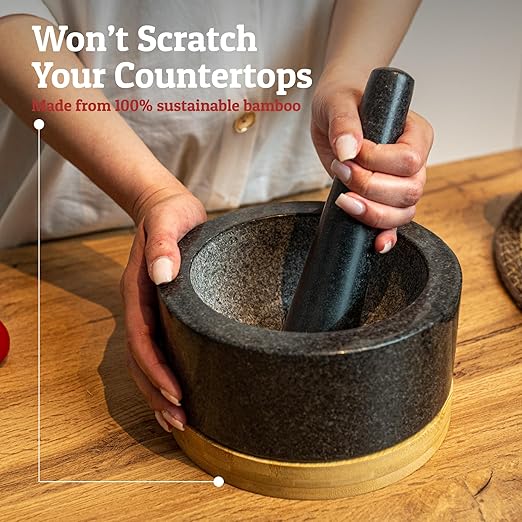 PriorityChef Heavy Duty Mortar and Pestle Set with Bamboo Base, 100% Natural Granite Stone Grinder, Guacamole Bowl and Masher, 4 Cups, Black