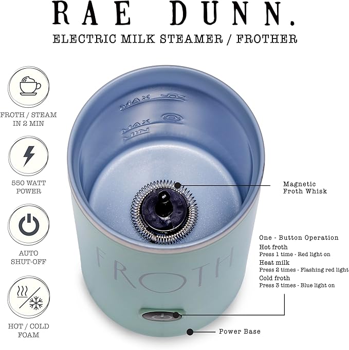 Rae Dunn Electric Milk Frother Steamer -Stylish Automatic Milk Steamer and Frother, Milk Warmer, Hot and Cold Foam Maker for Coffee, Latte, Cappuccino, Macchiato - 550 Watt (Sage)