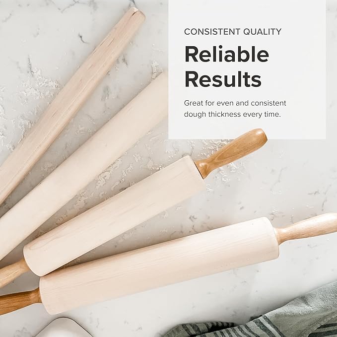 Frieling Maple Rolling Pin with Handles - 2.4-in x 12-in Barrel, Natural Wood - Baking Essentials, Pastry Roller & Pizza Dough Roller
