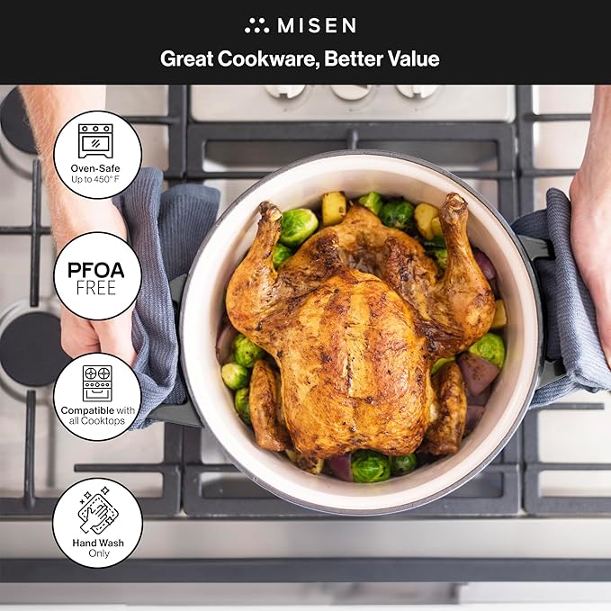 Misen 7 QT Enameled Cast Iron Dutch Oven - Chip-Resistant Enamel Coating - Thick Iron Core For Heat Retention - Large Cooking Surface - Oven Safe, Induction Compatible - Grill and Silicone Lid, Black