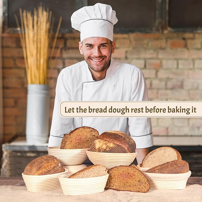 Sourdough Bread Baking Supplies Starter Kit, Banneton Proofing Basket 9'' Round, Sourdough Starter Jar, Scraper, Scoring Lame, Brush, Short Danish Whisk, Gift Set