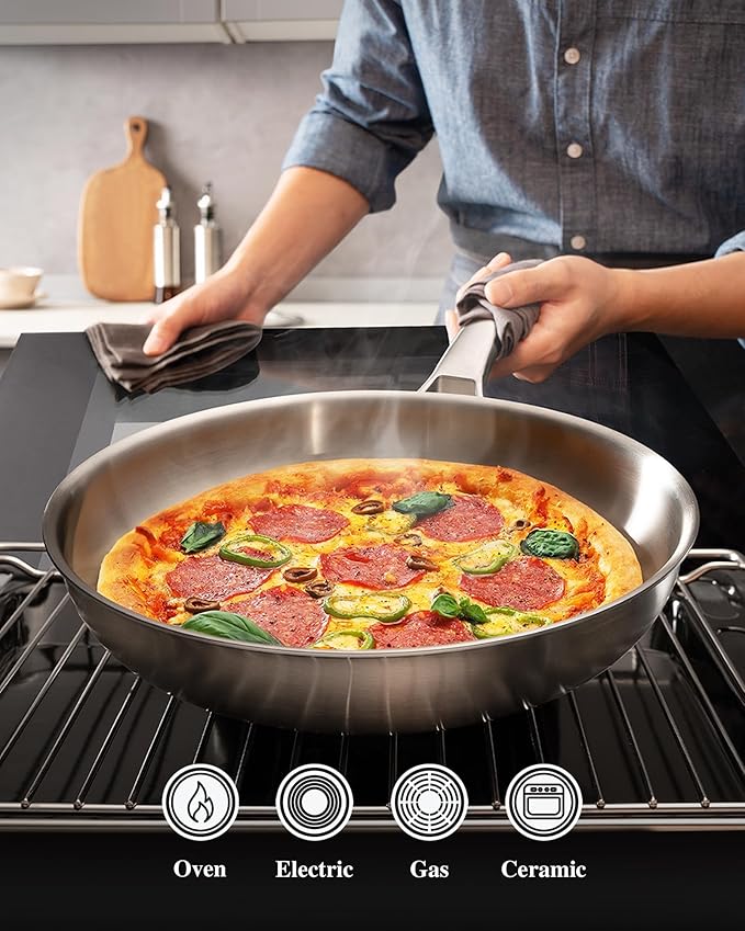 12 inch Tri-Ply Stainless Steel Pan,PFOA&PTFE Free Skillets,Chef's Pans,Dishwasher and Oven Safe Cookware, Works on Induction,Ceramic and Gas Cooktops