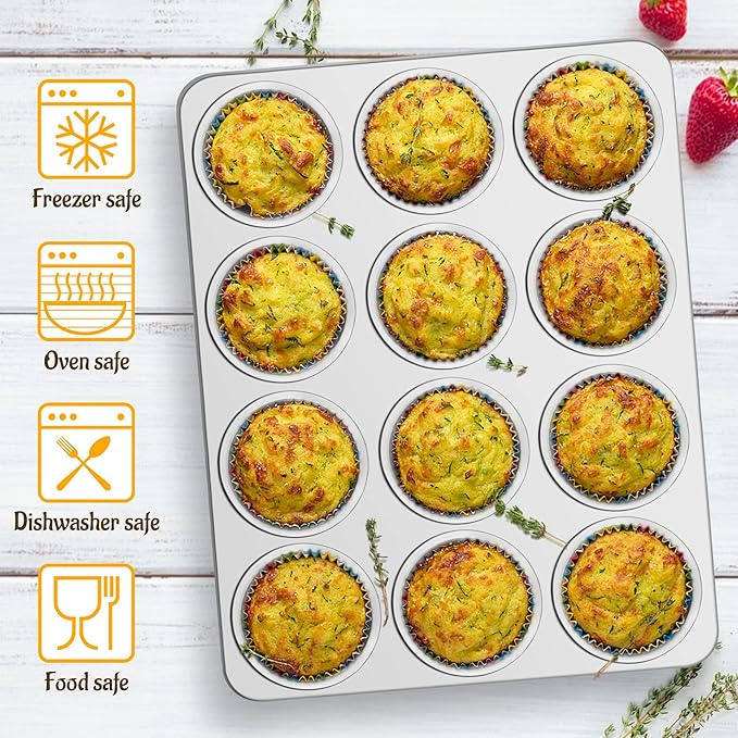 E-far 12-Cup Muffin Pan Set of 4, Stainless Steel Muffin Tins, Non-Toxic Metal Cupcake Pans Tray for Baking Small Mini Cupcake, Heavy Duty & Regular Size, Rust Free & Dishwasher Safe