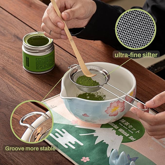 Clay&Fire Matcha Whisk Set，9 Pcs Ceramic Matcha Set, 15 OZ Matcha Bowl with Spout and Whisk，Matcha Kit for Friend, Ideal Gift for Matcha Lover（Cherry）