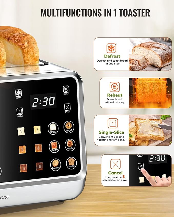 Keenstone Toaster 4 Slice, Digital Smart Toaster with TouchScreen, Dual Control Panel, Single Slot Toasting, Timer, Reheat & Defrost for Bagels, Bread, Waffles, Stainless Steel Kitchen Essentials