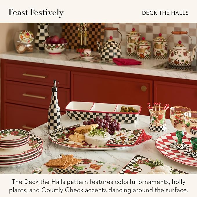 MACKENZIE-CHILDS Enamel Canister, Kitchen Storage Container with Lid, Small, Deck The Halls