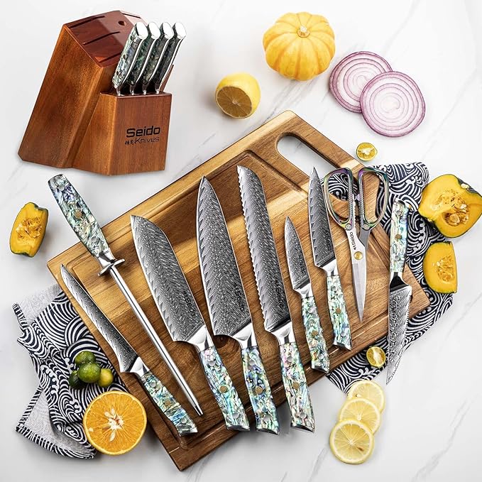 13-Piece Awabi Knife Block Set – Premium VG-10 Damascus Steel Knives with Abalone Shell Resin Handles