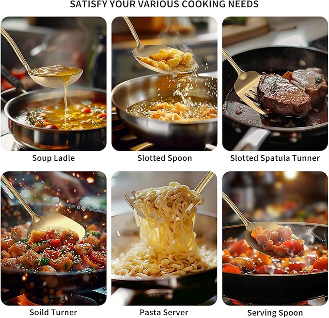 304 Stainless Steel Cooking Utensil,Kitchen Utensil with Spatula, Solid Spoon, Ladle, Skimmer, Spaghetti Spoon, 6 Piece Set, Dishwasher Safe(Gold)