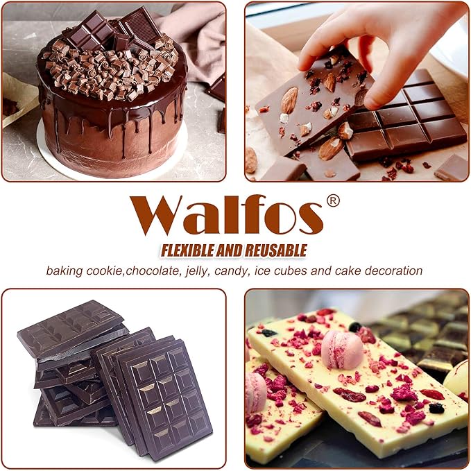 Walfos Break-Apart Chocolate Molds, Non-Stick Silicone Chocolate Bar Mold, Food Grade Candy Bar Mold, Perfect for Energy Bar, Cocoa Mini Bar, Basic Bites, 2 Pack