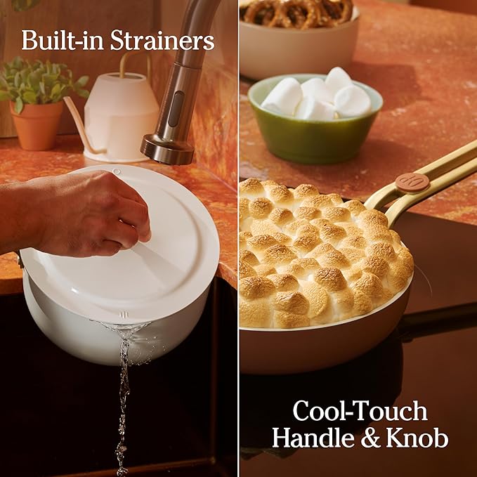 Our Place 11-Piece Essentials Complete Cookware Set - Ceramic Fry Pan, Saucepan, Sauté Pan, Stock Pot, Strainer Basket & Rack Storage | Thermakind™ Nonstick, Oven Safe up to 450°F | Terracotta