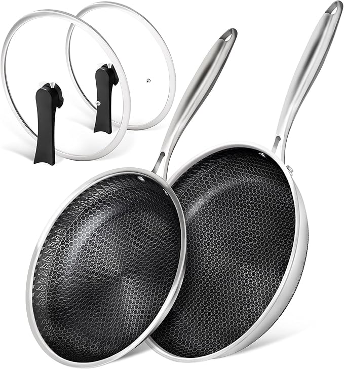 MICHELNAGELO Nonstick Frying Pans Set, Stainless Steel Frying Pan with Lid, 10 & 12 Inch Stainless Steel Pans with Honeycomb Coating, Large Frying Pan, Nonstick Skillet Induction Compatible