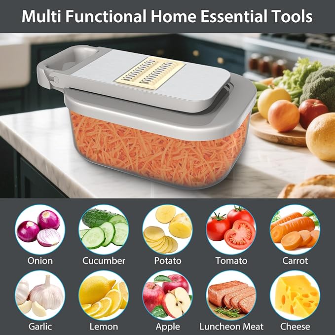 11-in-1 Mandoline Slicer for Kitchen, Food Chopper with Container, Vegetable Dicer Onion Slicer, Veggie Cutter for Fruit Salad Kitchen Gadgets Essential Tools (Beige)