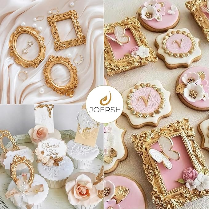 JOERSH 4PCS Baroque Frame Mold, Picture Photo Frames and Corners Silicone Fondant Mold for Cake Decorating, Cupcake Topper, Chocolate, Candy, Sugarcraft, Dessert Decor