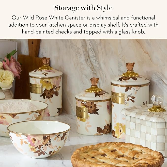 MACKENZIE-CHILDS Enamel Canister, Kitchen Storage Container with Lid, Small, Wild Rose White