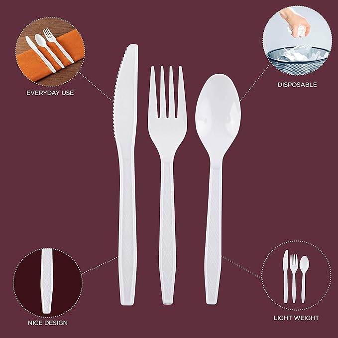 Party Bargains White Plastic Cutlery 720 pcs: 360 Forks, 240 Spoons, 120 Knives. Argyle Design, Heavy Duty & Solid Disposable Silverware Utensils Combo Pack Set for Weddings, Buffets, Luncheons
