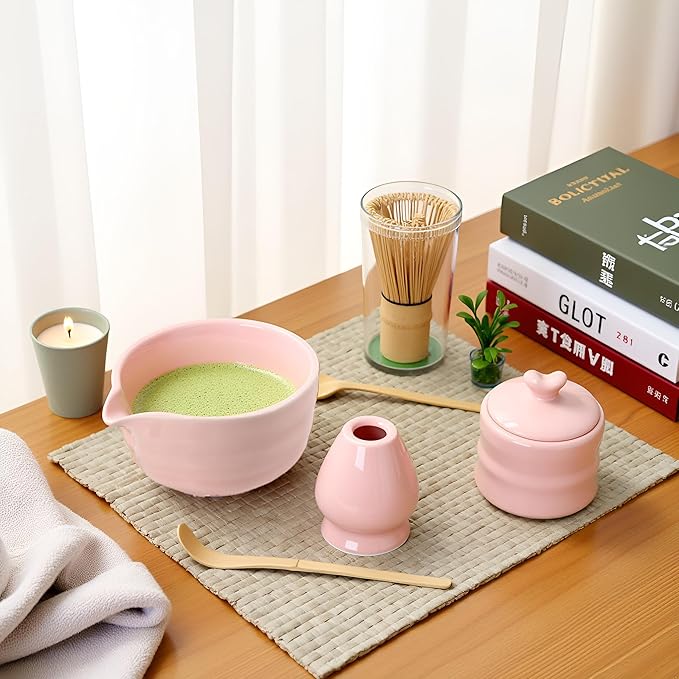 Pink Matcha Tea Set – Japanese Matcha Bowl with Spout, Bamboo Whisk, Scoop, Holder & Strainer – Complete Ceremonial Matcha Kit for Beginners & Gift-Giving