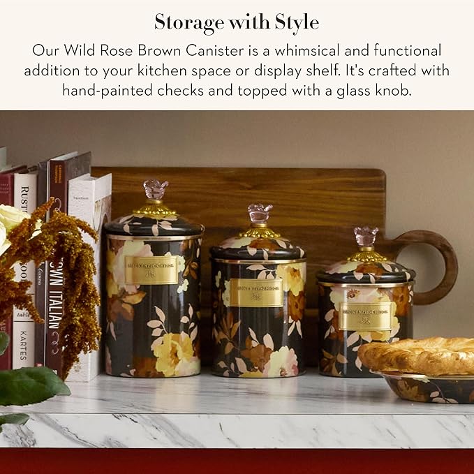 MACKENZIE-CHILDS Enamel Canister, Kitchen Storage Container with Lid, Large, Wild Rose Brown