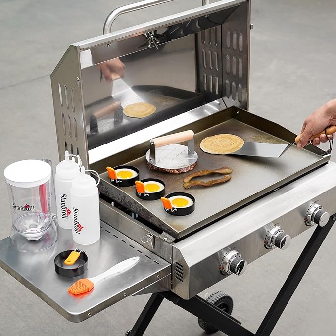 Stanbroil 10 Piece Griddle Breakfast Kit, Complete Griddle Accessories Set for Blackstone, Pancake Batter Dispenser, Stainless Steel Bacon Press & Scraper, Basting Brush, 4 Egg Rings & 2 Oil Bottle