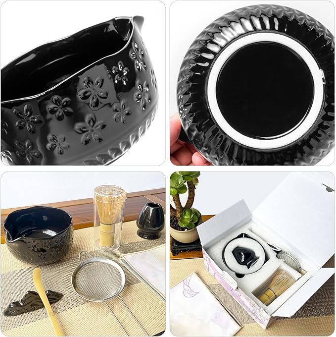 Matcha Whisk Set - Traditional Japanese Handmade Bamboo Matcha Whisk and Holder, Matcha Bowl,Bamboo Scoop, Scoop Rest, Sifter and Tea Towel (Black)