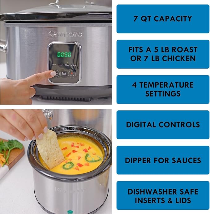 Kenmore 7 Quart Slow Cooker with Diper - Crock pot With Programmable Settings, Digital Controls, Large Capacity for Family Meals, Dishwasher-Safe Stoneware, Warm Rice & Sous Vide Stew