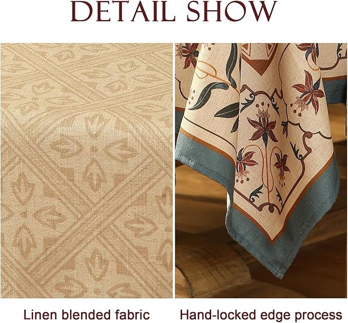 patdrea Designer French Linen Long Tablecloth for Rectangle Table,Beige Anti-Wrinkle Floral Farmhouse Table Cloth,Decor Covers for Kitchen Dining,Tea Party,Christmas,Thanksgiving,63"x94"-Fram