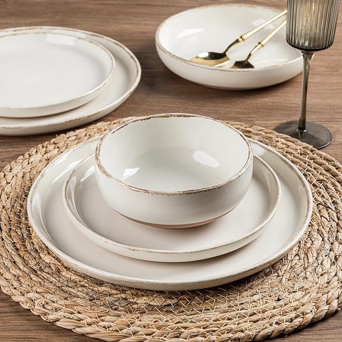 AmorArc 24 Pieces Ceramic Dinnerware Sets for 8, Handpainted Stoneware Plates and Bowls Set with Rustic Terracotta Underside, Scratch Resistant Dishes Set, Dishwasher & Microwave Safe