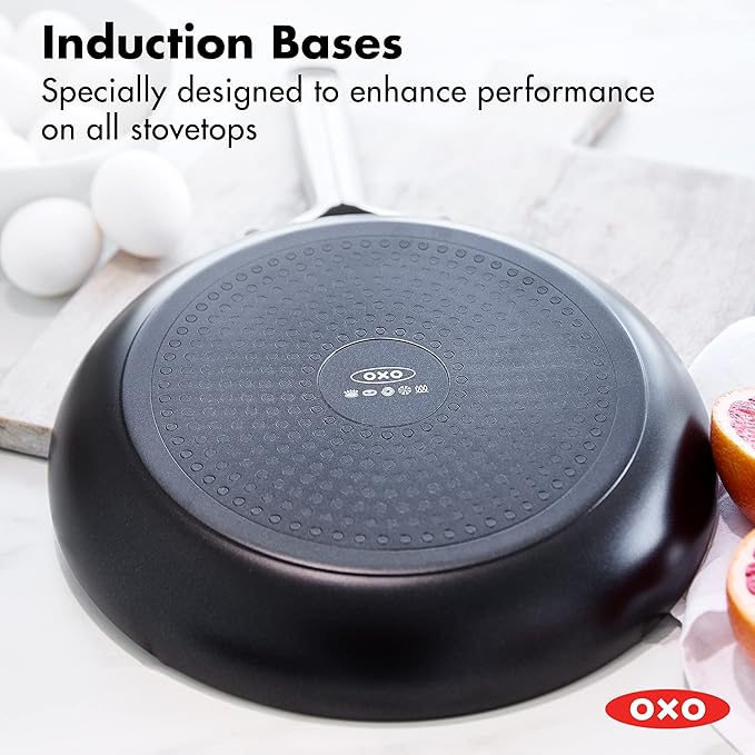 OXO Agility Series 12" Frying Pan Skillet, Ceramic Nonstick Cookware PFAS-Free, Induction Suitable, Quick Even Heating, Stainless Steel Handle, Chip-Free Rims, Dishwasher and Oven Safe, Black