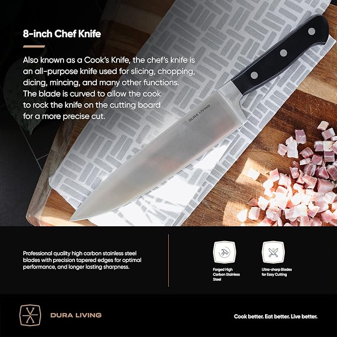 DURA LIVING 3-Piece Kitchen Knife Set – Ultra-Sharp Forged High Carbon Stainless Steel, Includes 8" Chef, 5" Utility, 3.5" Paring Knives, Ergonomic Handles, Professional Starter Set, Black