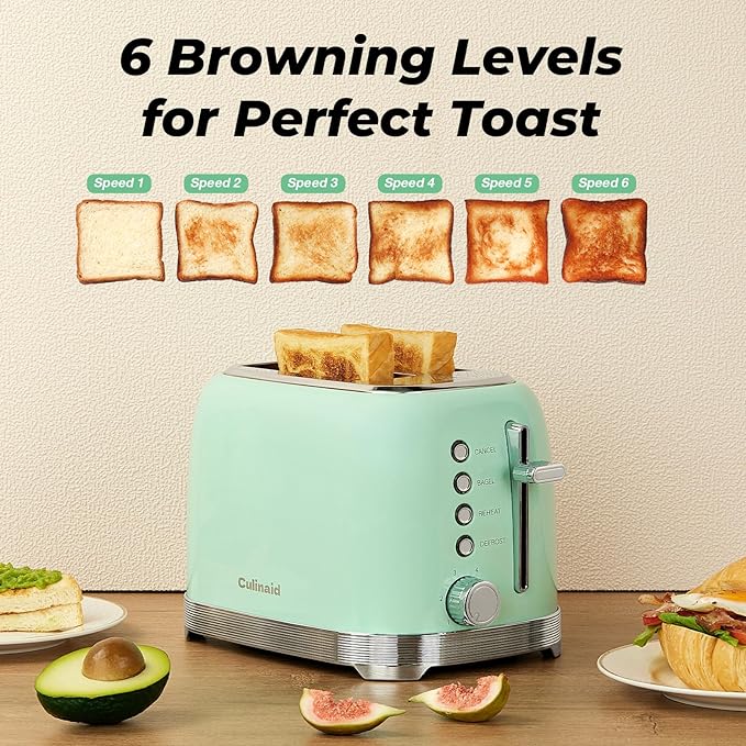 Toaster 2 Slice Retro Stainless Steel with 1.5” Extra Wide Slots Bagel, Defrost, Reheat, Cancel Functions, 6 Bread Shade Settings, Removable Crumb Tray, Aqua Green