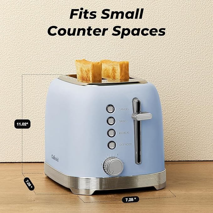 Toaster 2 Slice Retro Stainless Steel with 1.5” Extra Wide Slots Bagel, Defrost, Reheat, Cancel Functions, 6 Bread Shade Settings, Removable Crumb Tray, Blue