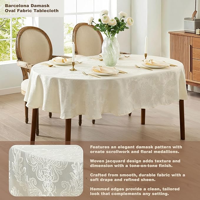 Newbridge Barcelona Luxury Damask Fabric Tablecloth, 60” Wide x 120” Oval, Antique White, 100% Polyester, No Iron, Soil Resistant Dining Room, Party and Banquet Table Cover