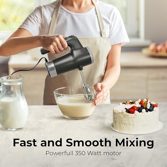 Electric Hand Mixer 9 Speed with Stainless Steel Whisk, Flat Beater & Dough Hook, Snap Storage Case, Compact Lightweight 350 W Powerful handheld mixer for Baking & Cooking, Gray