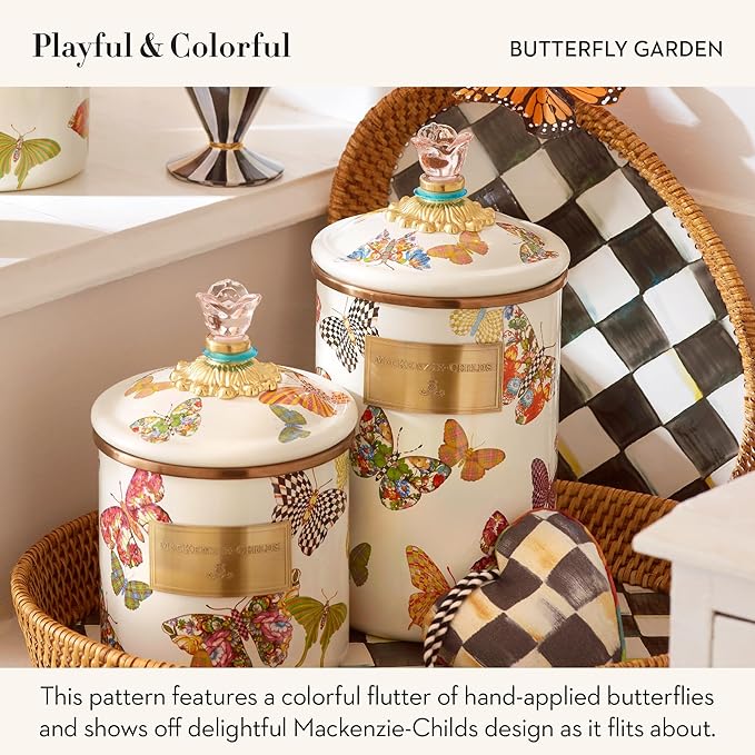 MACKENZIE-CHILDS Butterfly Garden Enamel Canister, Pretty Kitchen Storage Container with Lid, Medium