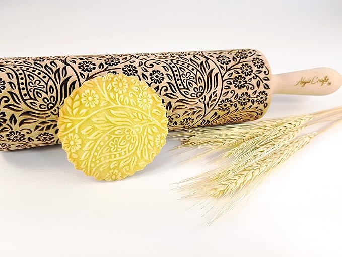 KASHMIR pattern Embossed Rolling Pin. Engraved Dough Roller with Paisley for Embossed Cookies and Pottery by Algis Crafts