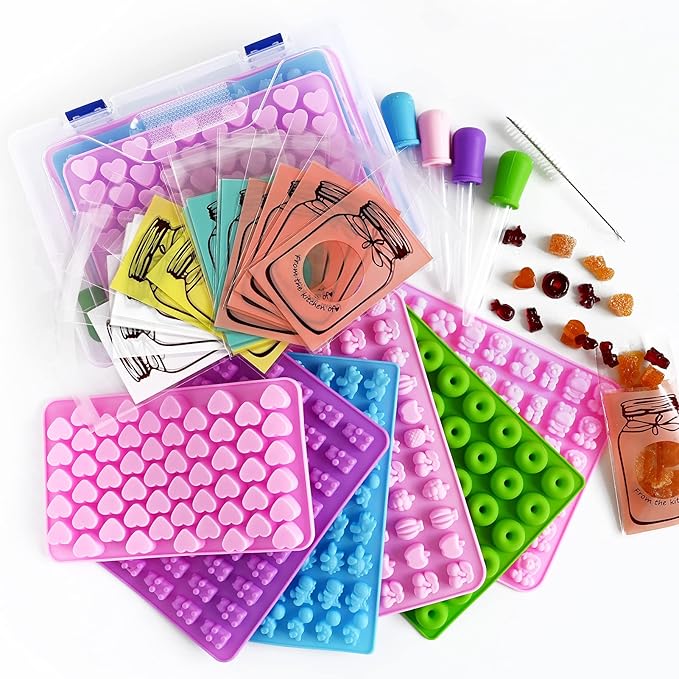 Gummy Bear Molds Silicone 32PCS, Non-stick Chocolate Candy Mold 18 Shapes for 327 Candies, With 4 Droppers, Clean Brush, Storage Box, 20 Wrappers, Including Dinosaur Mini Donut Fruit Animals Shaped