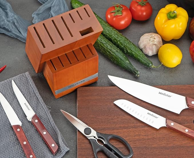 14 Slot Kitchen Knives Block, WELLSTAR Natural Wood Knife Holder without Knives – Hard Wood Countertop Knife Storage – Brown