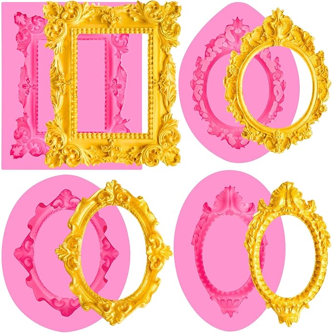 JOERSH 4PCS Baroque Frame Mold, Picture Photo Frames and Mirrors Silicone Fondant Mold for Cake Decorating, Cupcake Topper, Chocolate, Candy, Sugarcraft, Dessert Decor