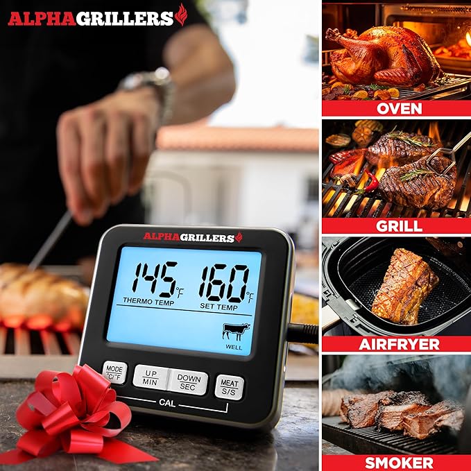 Alpha Grillers Turkey Thermometer - Digital Meat Thermometer with Electric Oven Safe Wired Leave-in Probe for Cooking & Roasting - Large Display with 7 Preset Temp Alerts, Timer & Alarm
