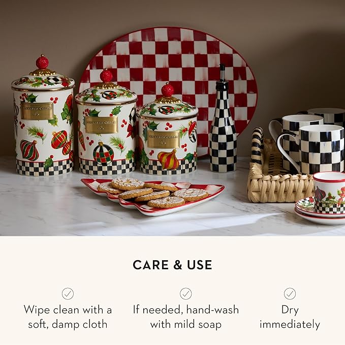 MACKENZIE-CHILDS Enamel Canister, Kitchen Storage Container with Lid, Medium, Deck the Halls