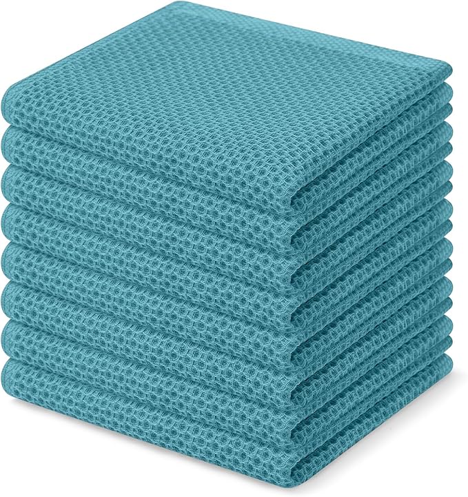 Homaxy 100% Cotton Waffle Weave Kitchen Dish Cloths, Ultra Soft Absorbent Quick Drying Dish Towels, 12 x 12 Inches, 8-Pack, Lake Blue