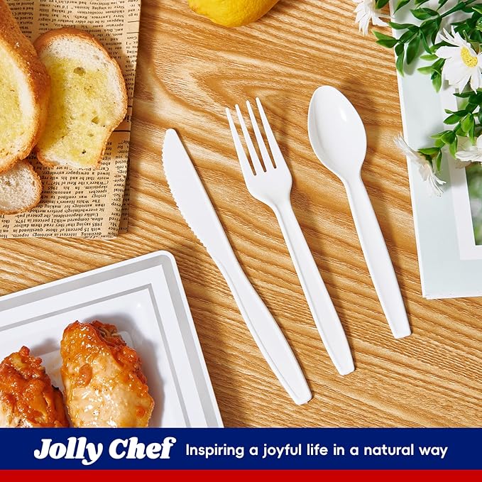 JOLLY CHEF 360 Count White Plastic Silverware Heavy Duty, 180 Forks, 120 Spoons, 60 Knives, Heat ResistantPlastic Utensils Set, Disposable Cutlery set, Premium Clear Utencils for Party, Thanksgiving