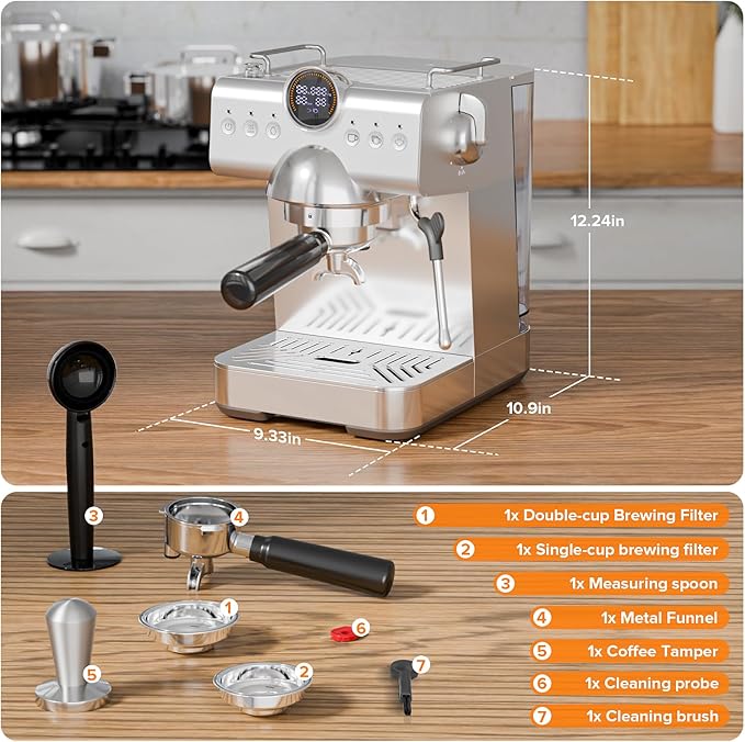 20 Bar Espresso Machine with Cold Brew, Professional Expresso Machines for home, Stainless Steel Espresso Maker with Milk Frother, Auto Sleep Mode, 1.5L Removable Water Tank, for Latte, Cappuccino