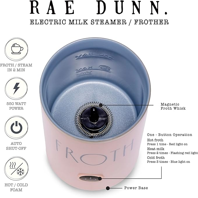 Rae Dunn Electric Milk Frother Steamer -Stylish Automatic Milk Steamer and Frother, Milk Warmer, Hot and Cold Foam Maker for Coffee, Latte, Cappuccino, Macchiato - 550 Watt (Blush)