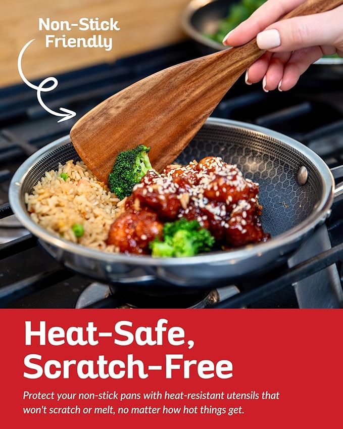 Boxiki Kitchen Luxury Teak Wood Utensil Set - Elegant 6-Piece Cooking Ensemble Including Spoons, Server, Scraper & Spatula - Expertly Crafted for Culinary Excellence