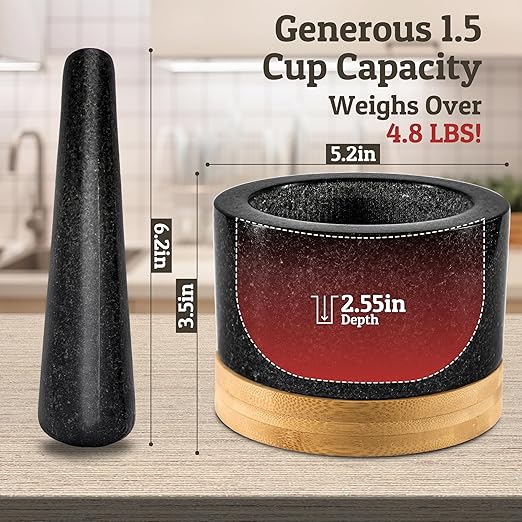 PriorityChef Heavy Duty Mortar and Pestle Set with Bamboo Base, 100% Natural Granite Stone Grinder, Guacamole Bowl and Masher, 1.5 Cups, Black