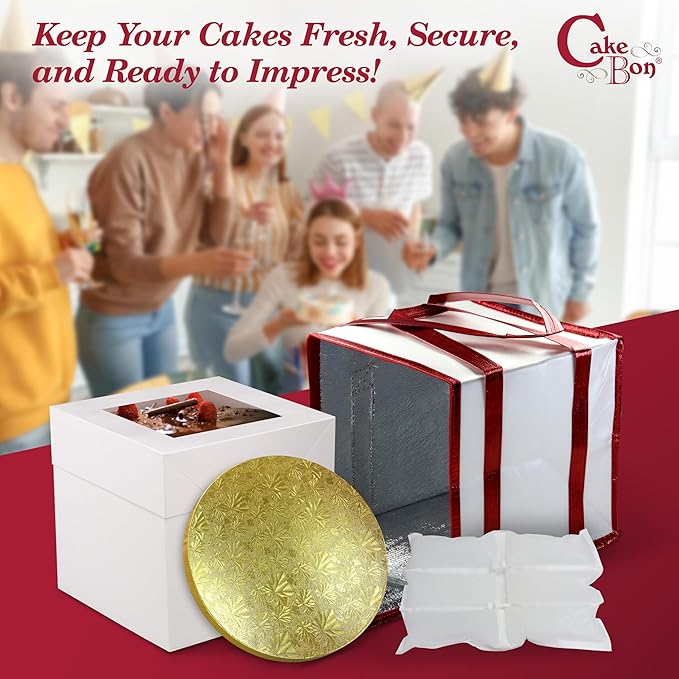 Cakebon Cake Box and Boards, 12-Inch Round Gold Smooth Edges 1/2- Inch Thick Drums with Insulated Bag and Ice Pack – Cake Transport Set, Cooler for Cake Delivery and Transport (1pc Each, 4pcs Total)