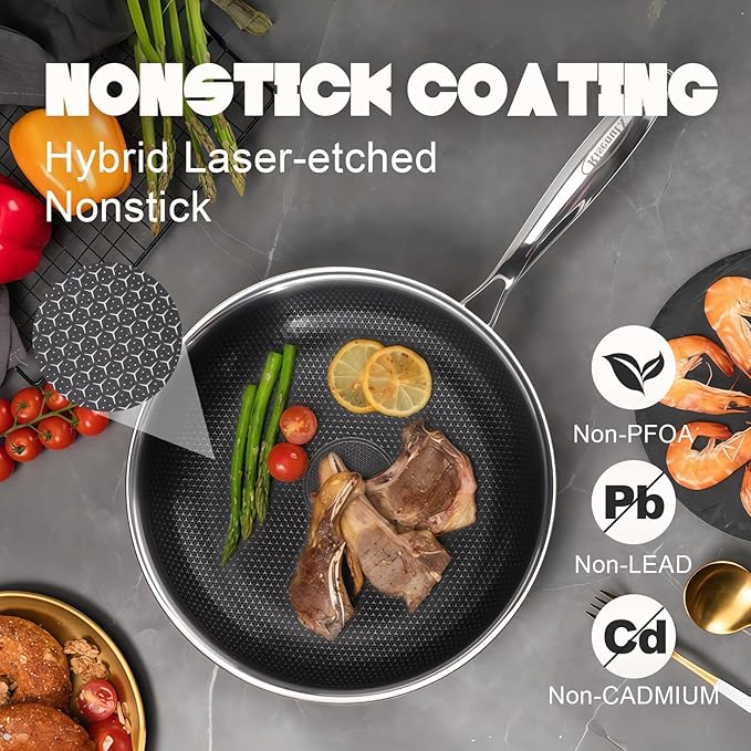 Hybrid 12 inch Stainless Steel Non Stick Skillet,Frying Pans Nonstick, PFOA Free Cookware, Dishwasher and Oven Safe, Induction Compatible