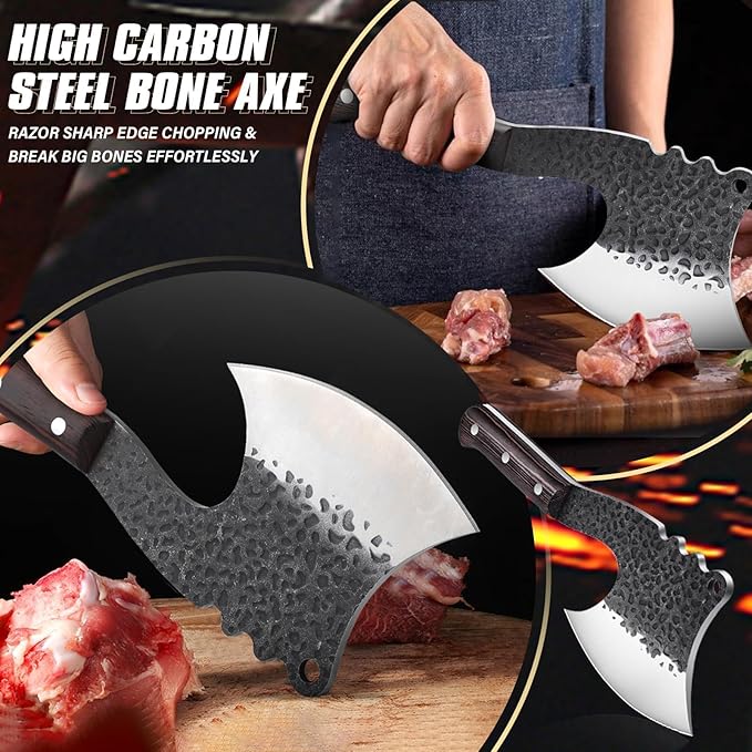Dream Reach Meat Cleaver Heavy Duty Bone Chopper High Carbon Bone Cutting Knife Hand Forged Butcher Knife with Cover for Kitchen Outdoor BBQ