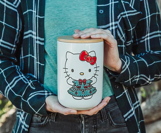 Hello Kitty Sanrio Holiday Ceramic Snack Jar Container With Lid | Kitchen Food Storage For Cookies, Candy | 7 Inches Tall