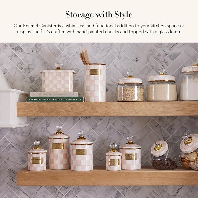 MACKENZIE-CHILDS Rosy Check Enamel Canister, Pink-and-White Kitchen Storage Container with Lid, Mini